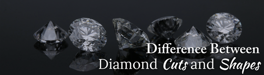 Loose round-cut diamonds displayed on a reflective black surface with text reading ‘Difference Between Diamond Cuts and Shapes’.