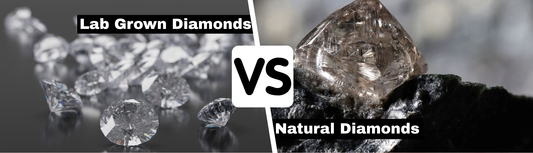 Comparison image of Lab Grown Diamonds on the left, showing polished sparkling stones, versus Natural Diamonds on the right, showing a rough uncut diamond crystal, with a bold 'VS' in the center.