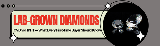 Banner image with text 'Lab-Grown Diamonds — CVD vs HPHT: What Every First-Time Buyer Should Know' alongside sparkling round-cut lab-grown diamonds on a dark background.
