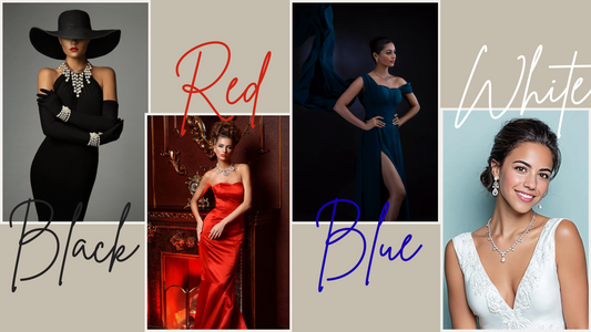 Four stylish women wearing elegant dresses in black, red, blue, and white, each accessorized with eye-catching diamond jewelry, showcasing how to style diamond necklaces and earrings to match various dress colors.