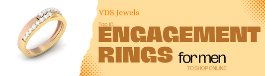 Gold and rose gold men’s engagement ring with diamond accents displayed beside text reading ‘VDS Jewels – Top 10 Engagement Rings for Men to Shop Online’.