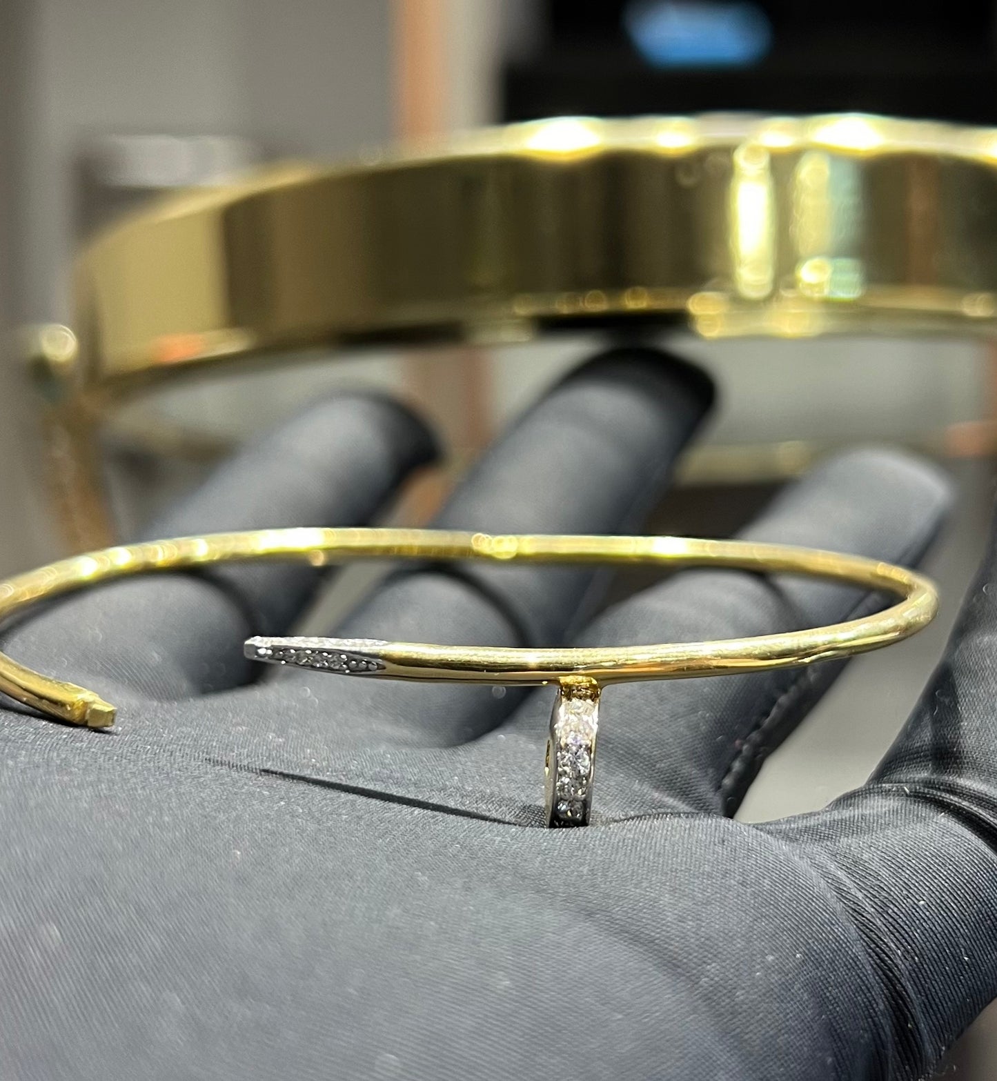 Gold Diamond Bracelet – Minimalist Wire Open Cuff Stackable Bangle
