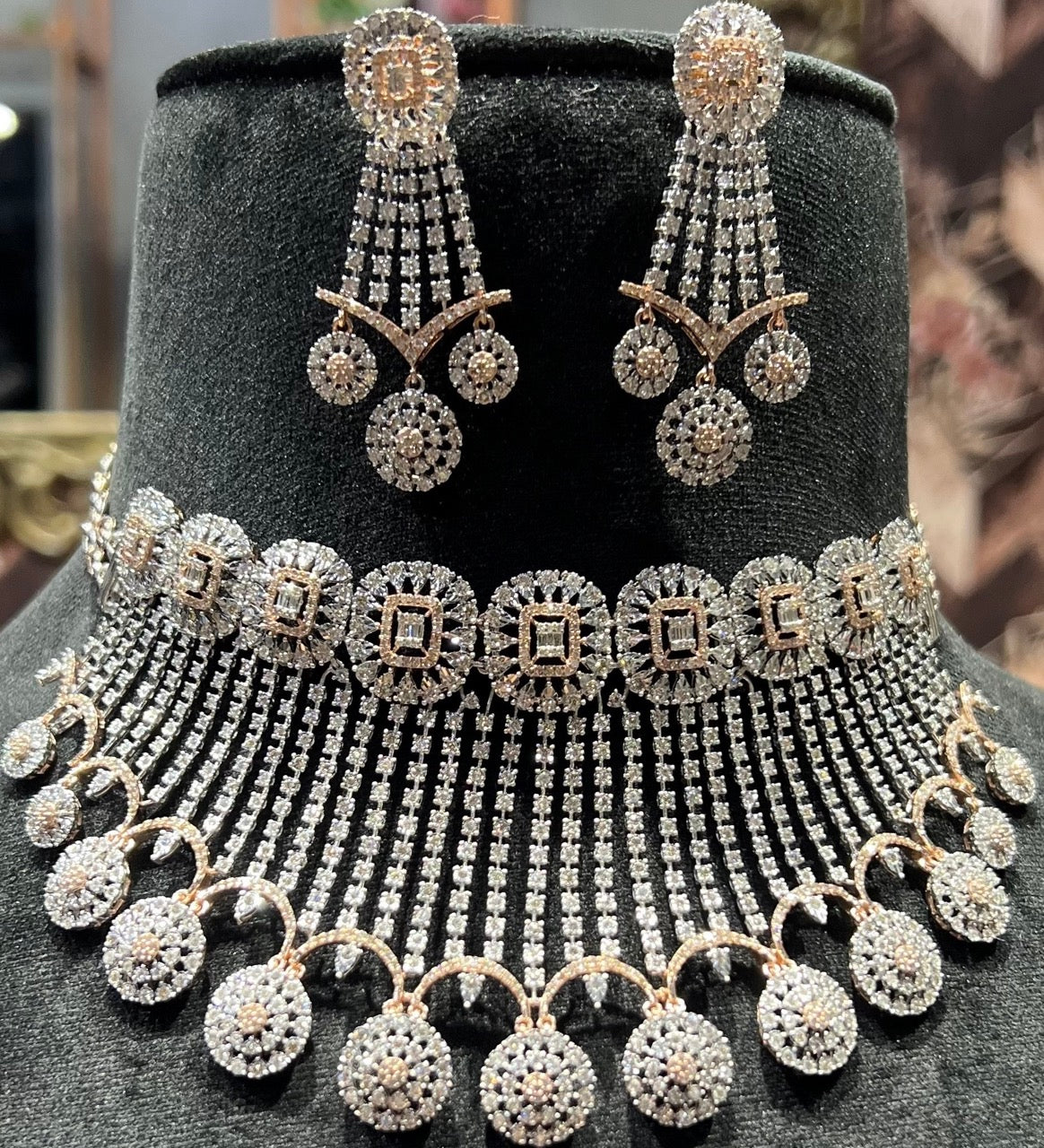 Gold Diamond Necklace Chokar Set with Earrings for Wedding