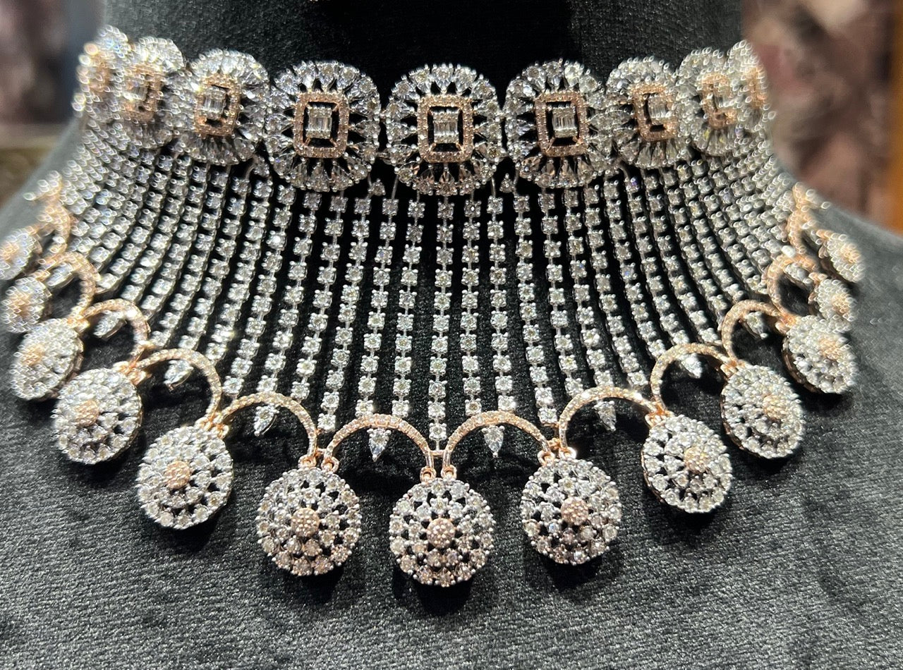 Gold Diamond Necklace Chokar Set with Earrings for Wedding