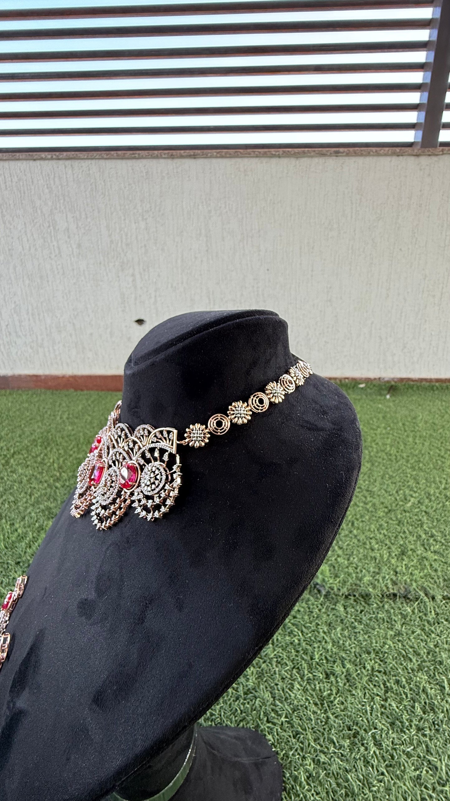 Designer Diamond Necklace Chokar & Earrings in Solid Gold