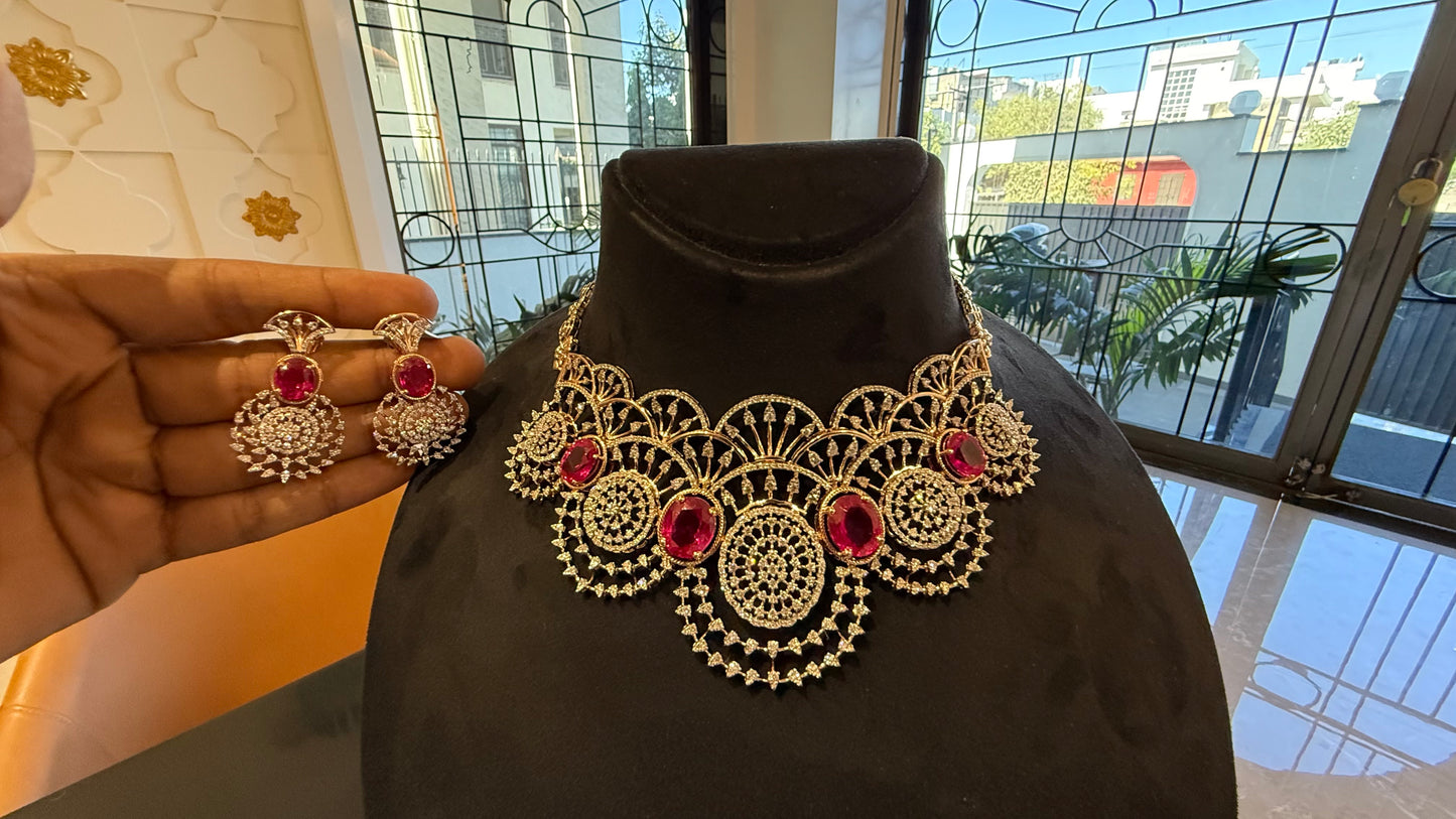 Designer Diamond Necklace Chokar & Earrings in Solid Gold