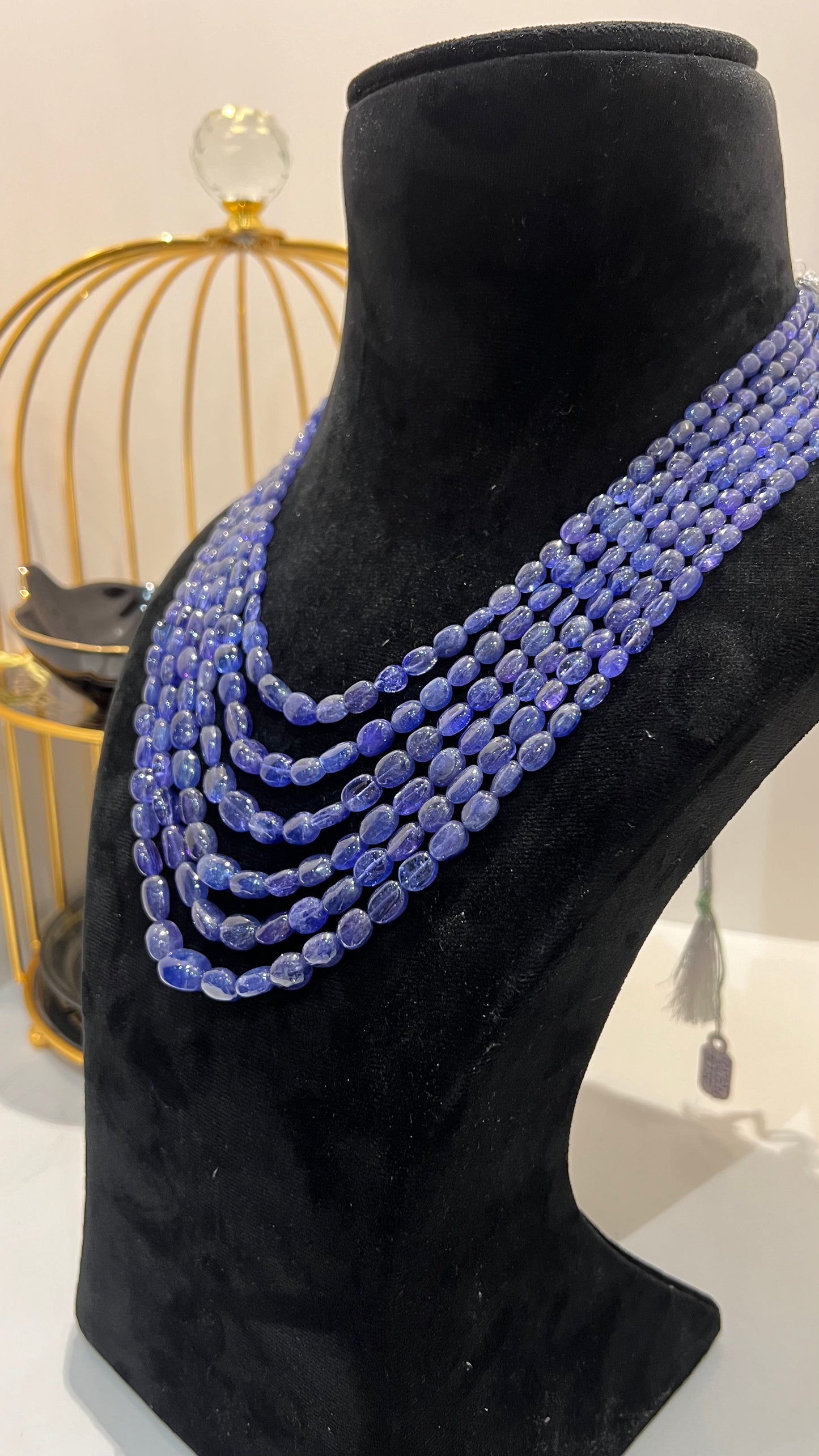 Multi strand 6 layer tanzanite beaded necklace made with natural oval polished violet blue tanzanite beads, layered statement jewelry for women