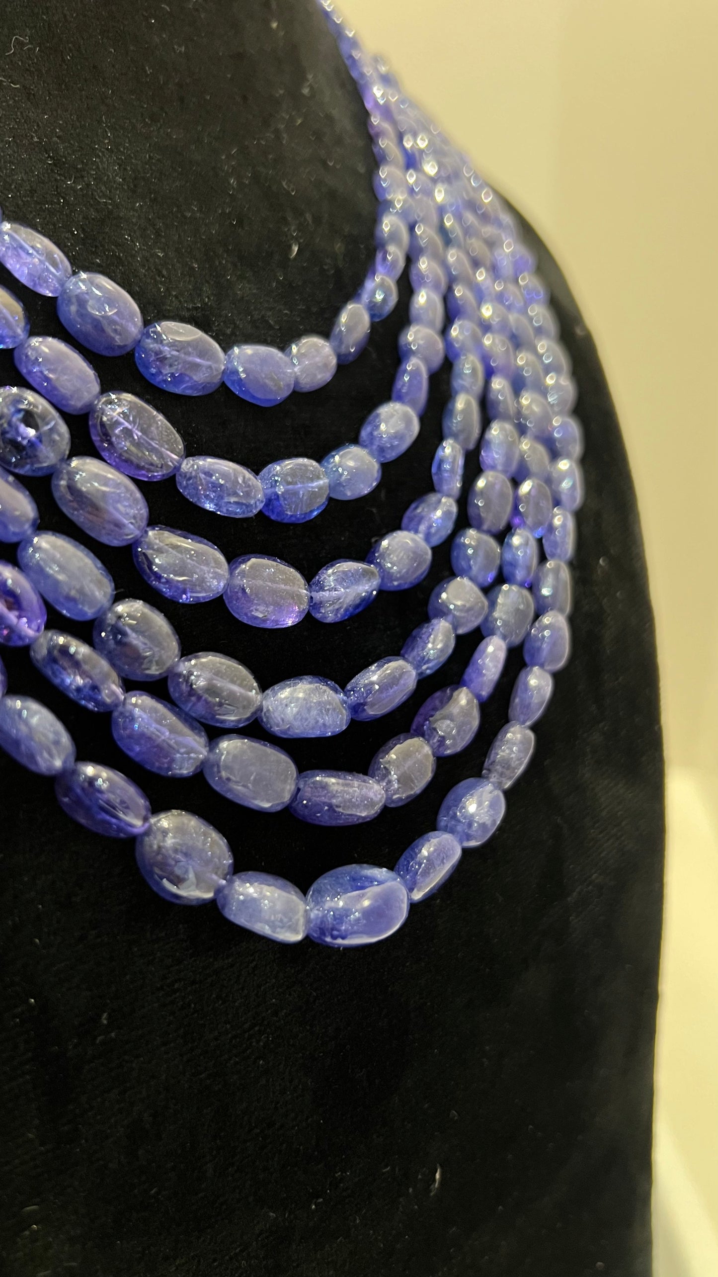Multi strand 6 layer tanzanite beaded necklace made with natural oval polished violet blue tanzanite beads, layered statement jewelry for women