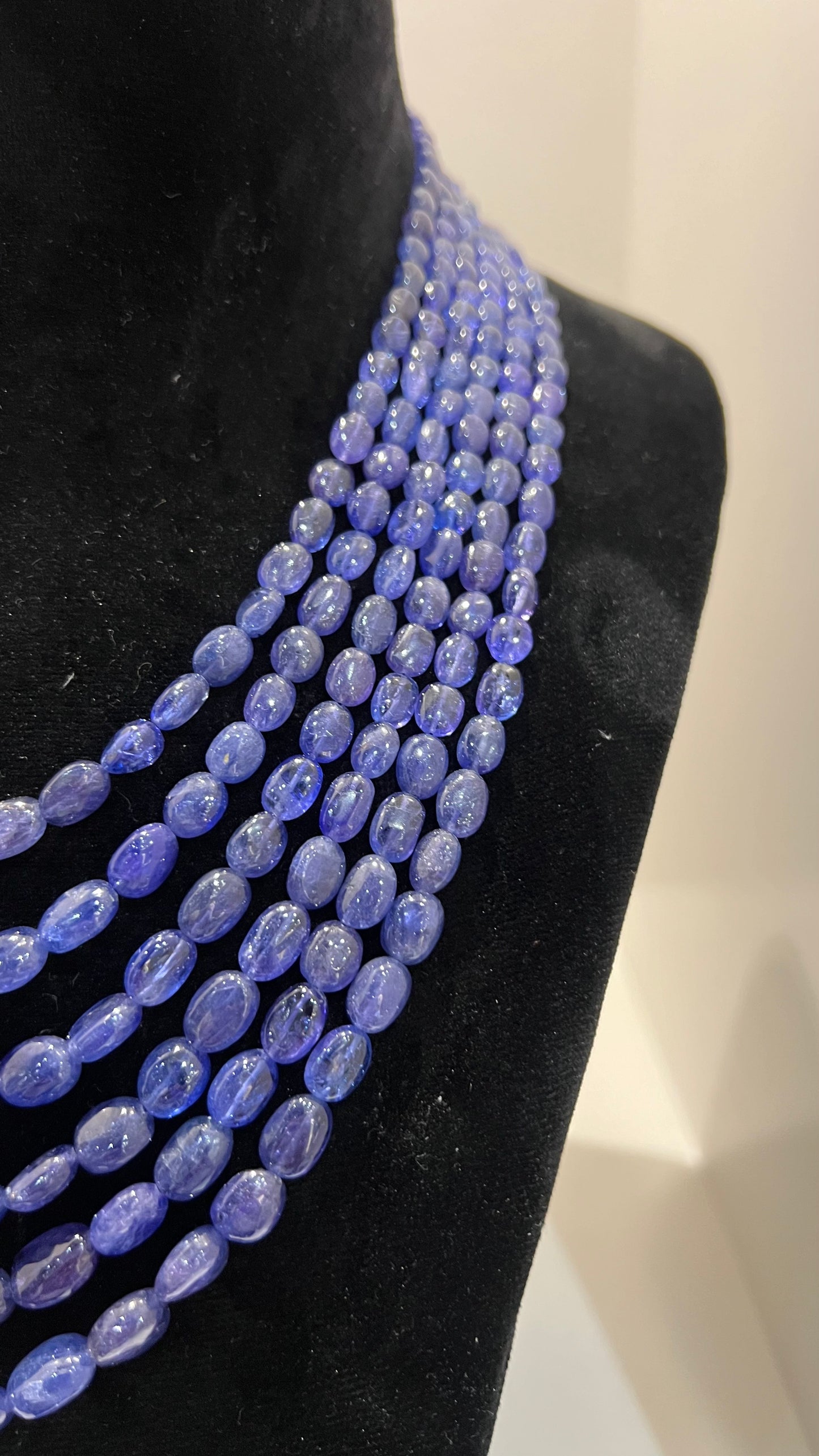 Multi strand 6 layer tanzanite beaded necklace made with natural oval polished violet blue tanzanite beads, layered statement jewelry for women