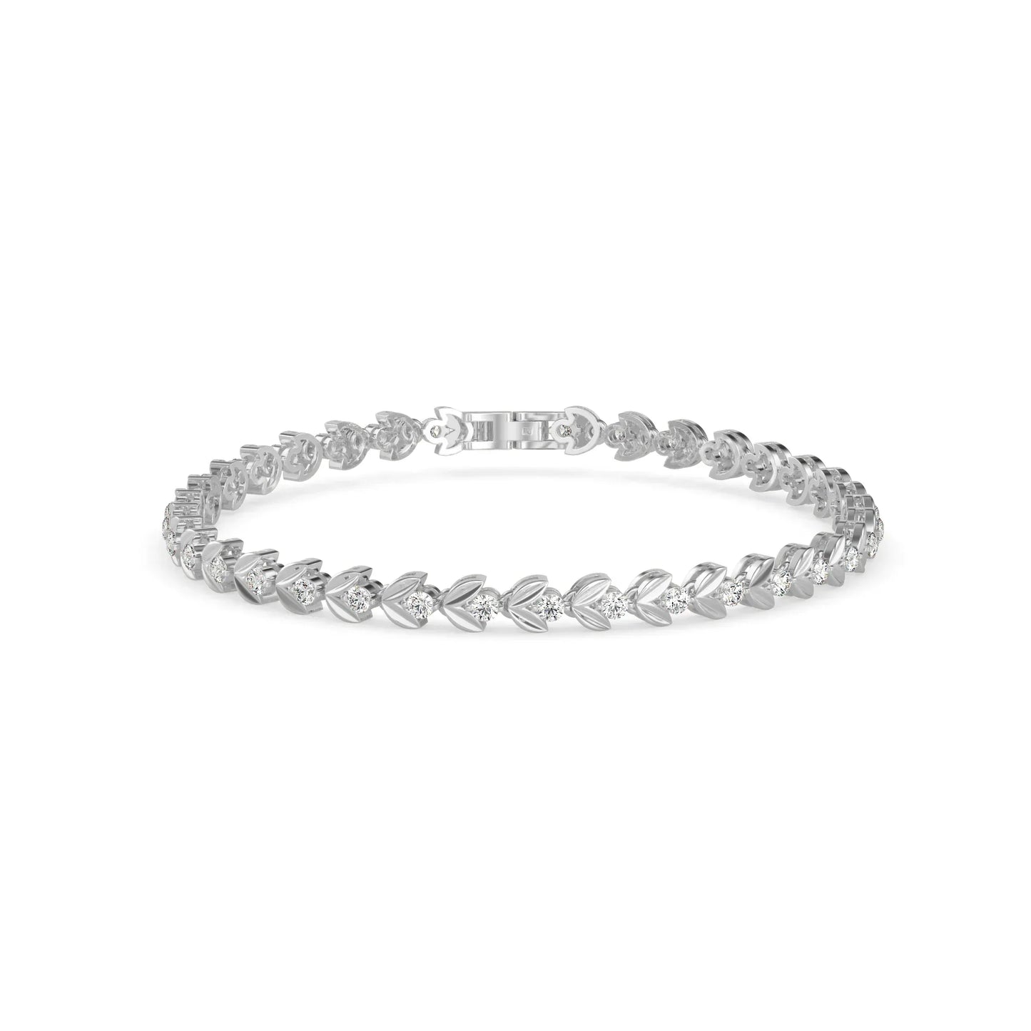 White gold bracelet with leaf-shaped links on a white background