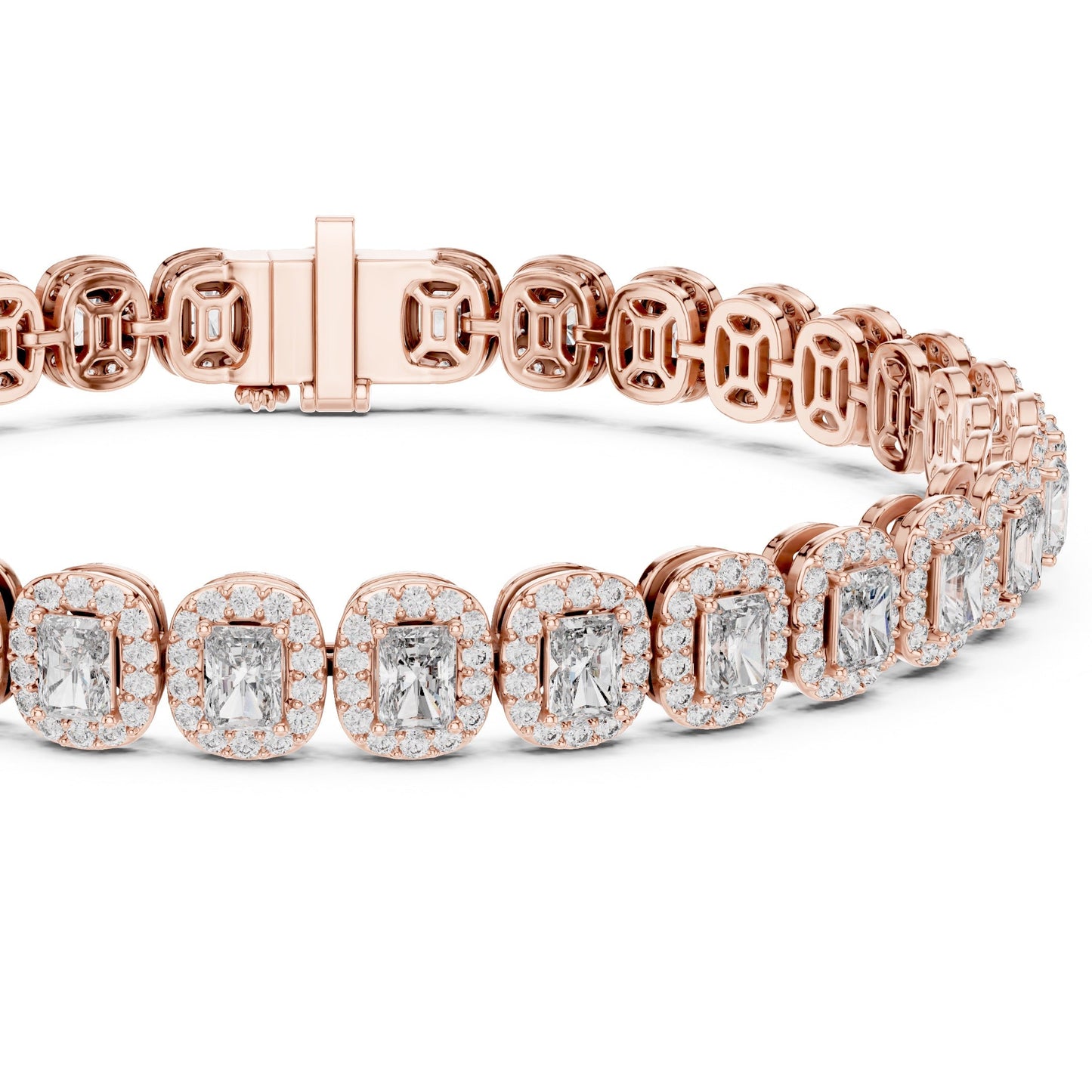 Rose gold bracelet with real diamond accents on a white background