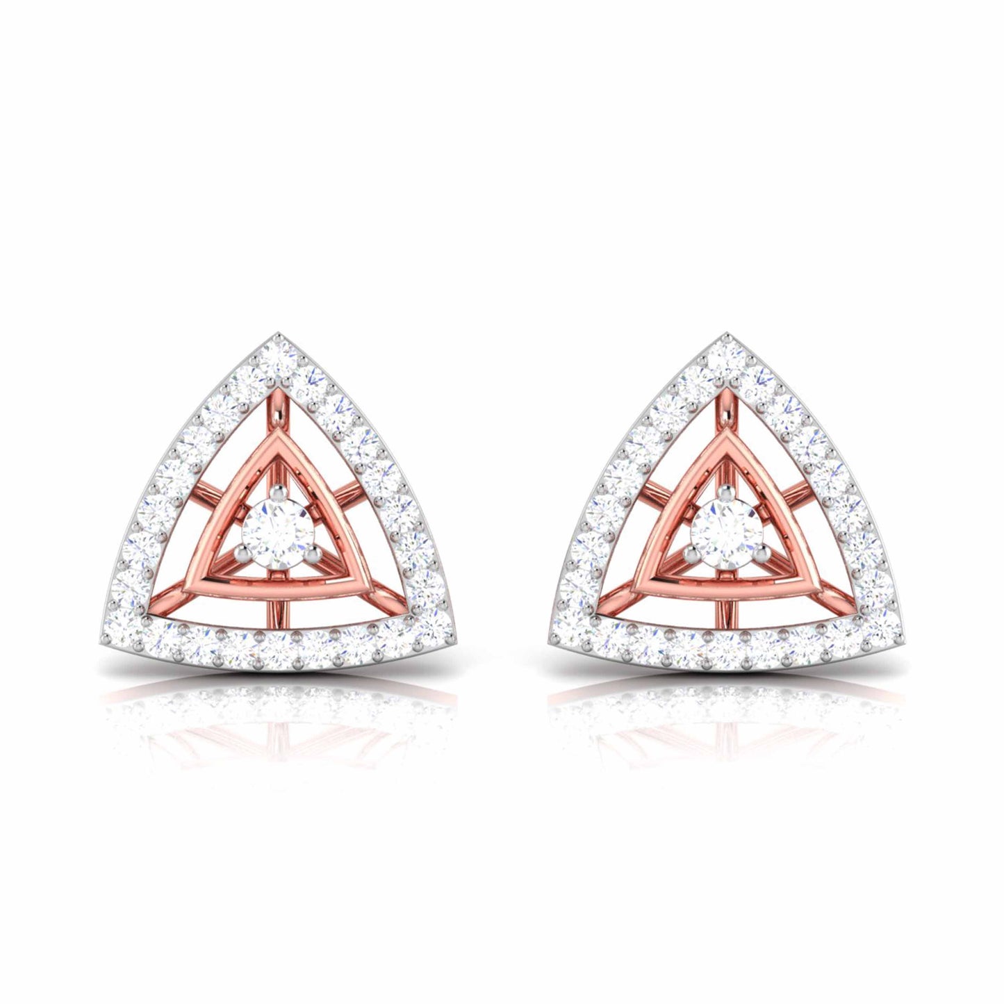 Pair of triangle-shaped stud earrings with rose gold and clear diamonds on a white background