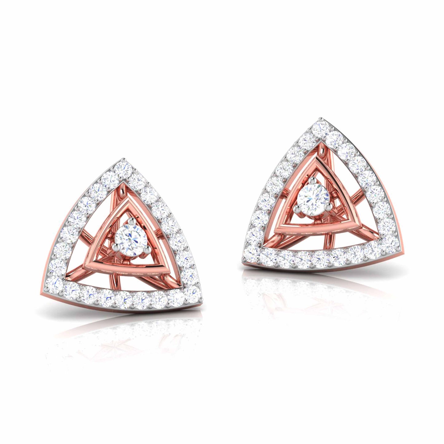Triangular shaped earrings with gold and diamond accents on a white background