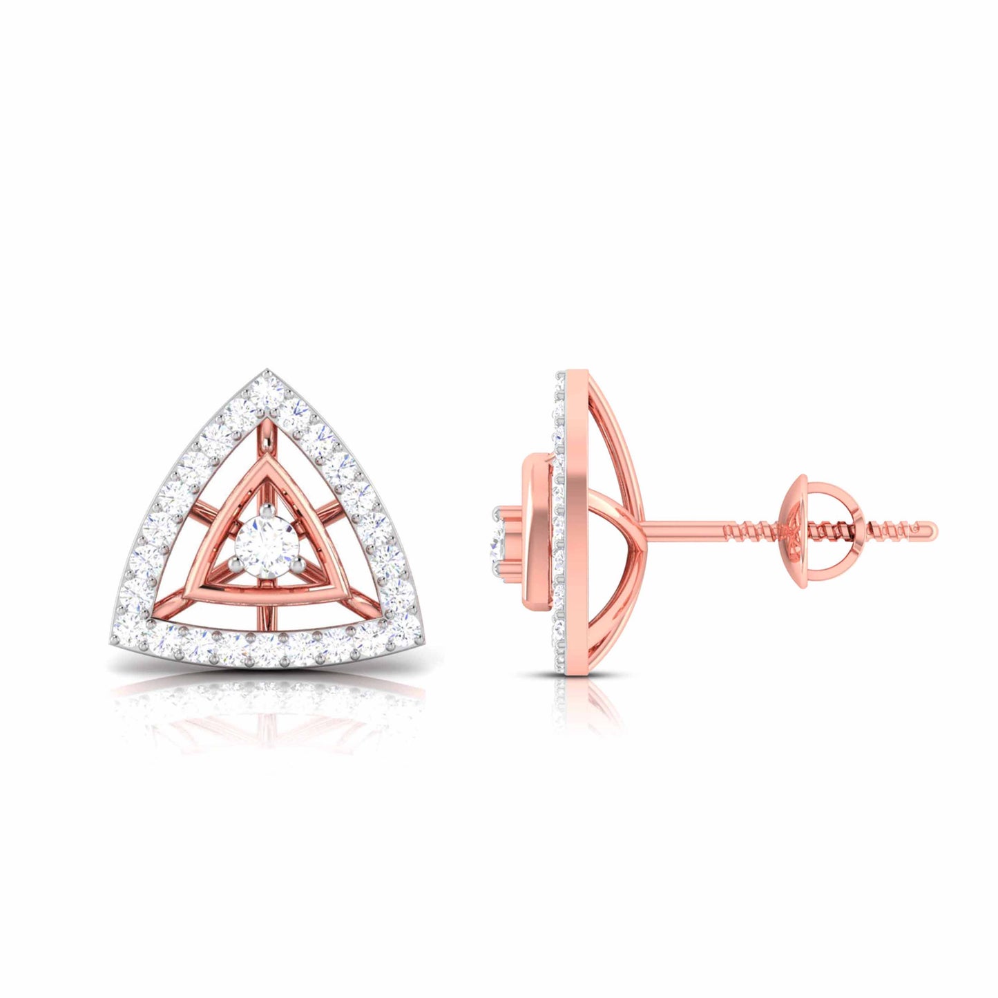 gold triangle-shaped earrings with clear gemstones on a white background
