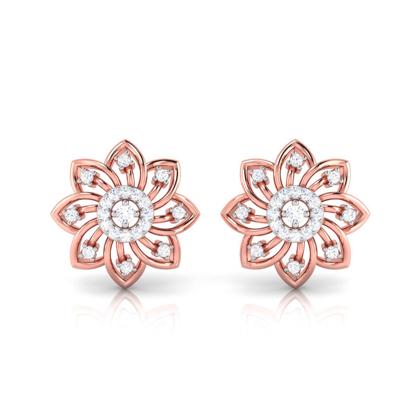 gold flower-shaped earrings with diamond accents on a white background