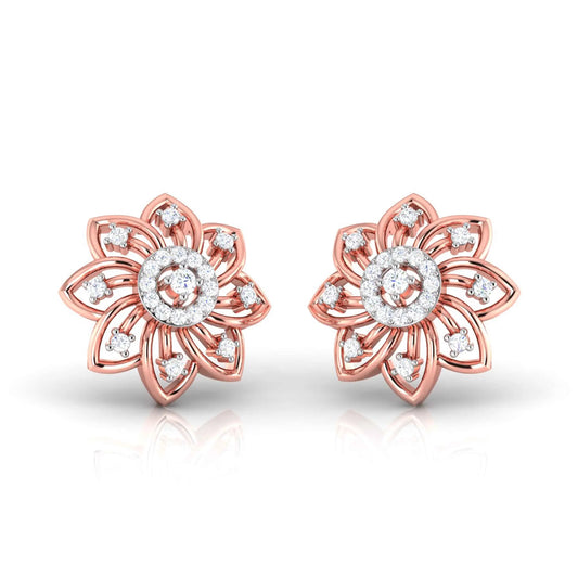 gold flower-shaped earrings with diamond accents on a white background
