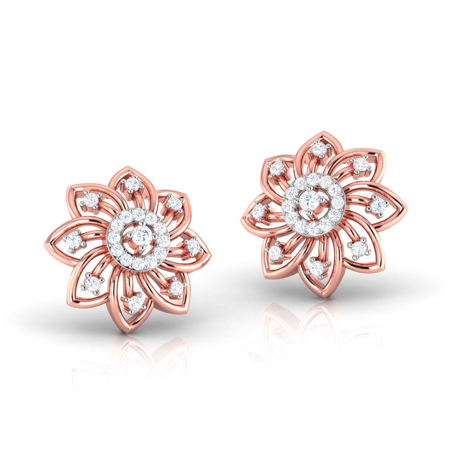 gold flower-shaped earrings with diamond accents on a white background