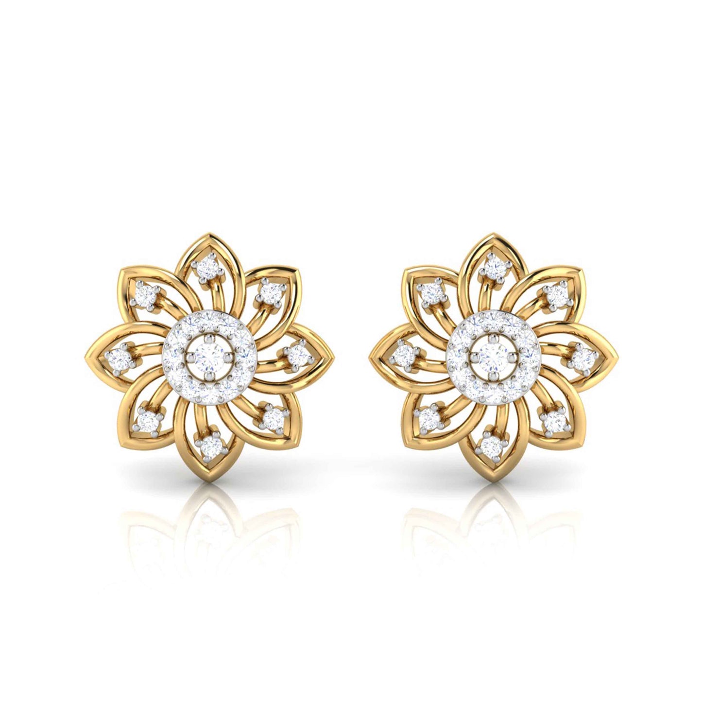 Gold flower-shaped earrings with diamond accents on a white background