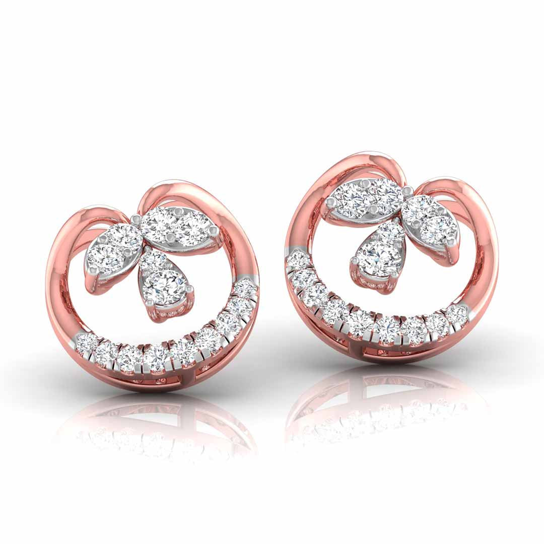 Rose gold earrings with diamond accents on a white background