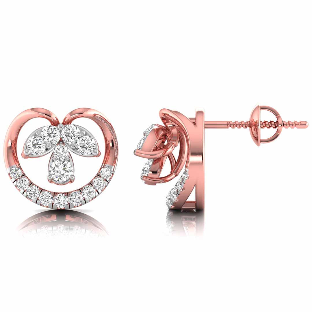 Rose gold earrings with heart and leaf design on a white background