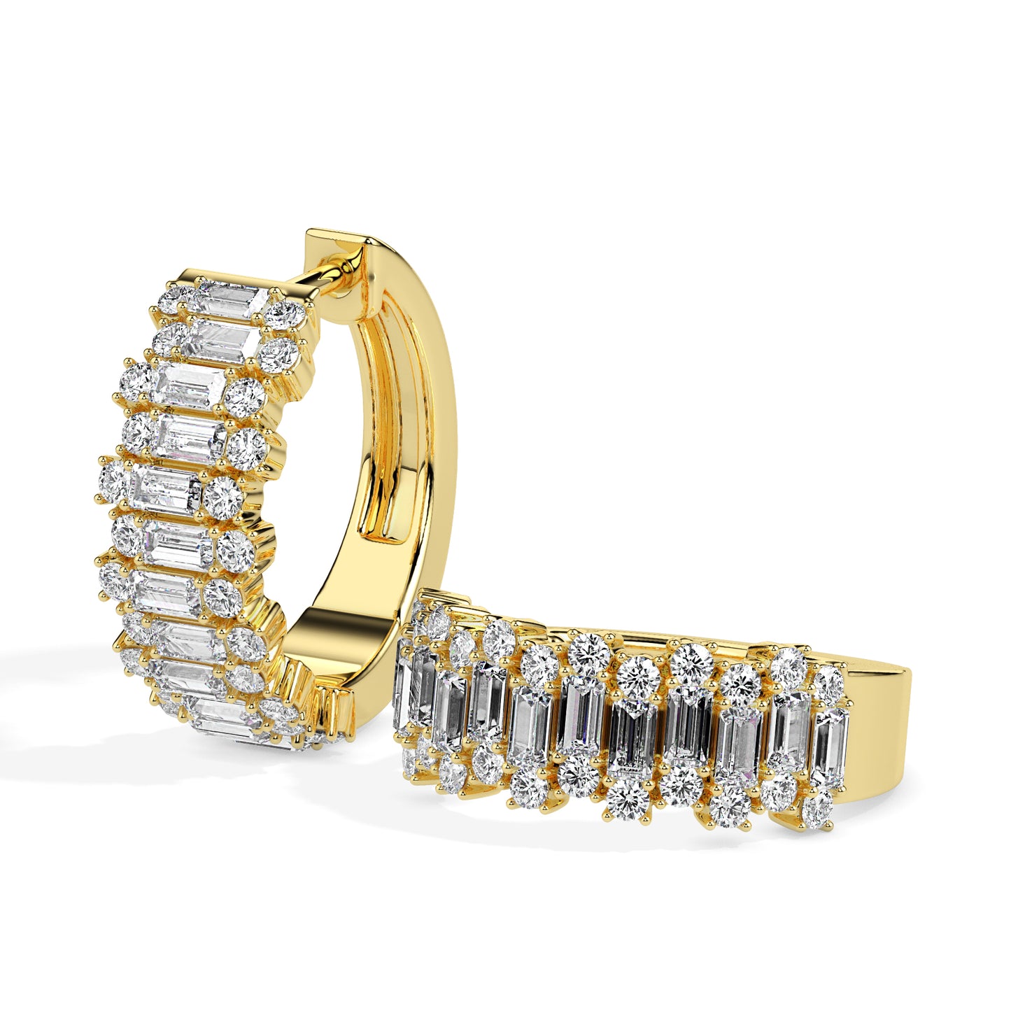 Gold hoop earrings with diamond accents on a white background