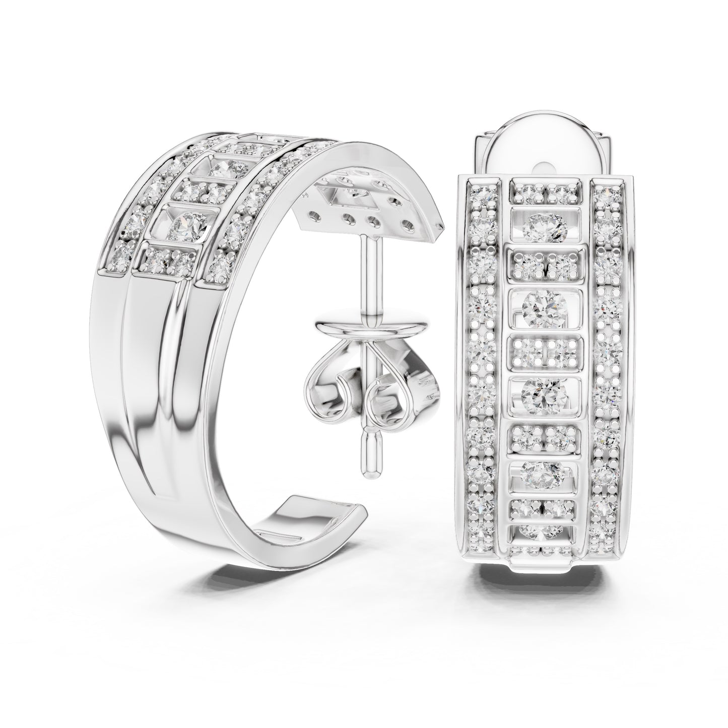 White gold hoop earrings with real diamond accents on a white background