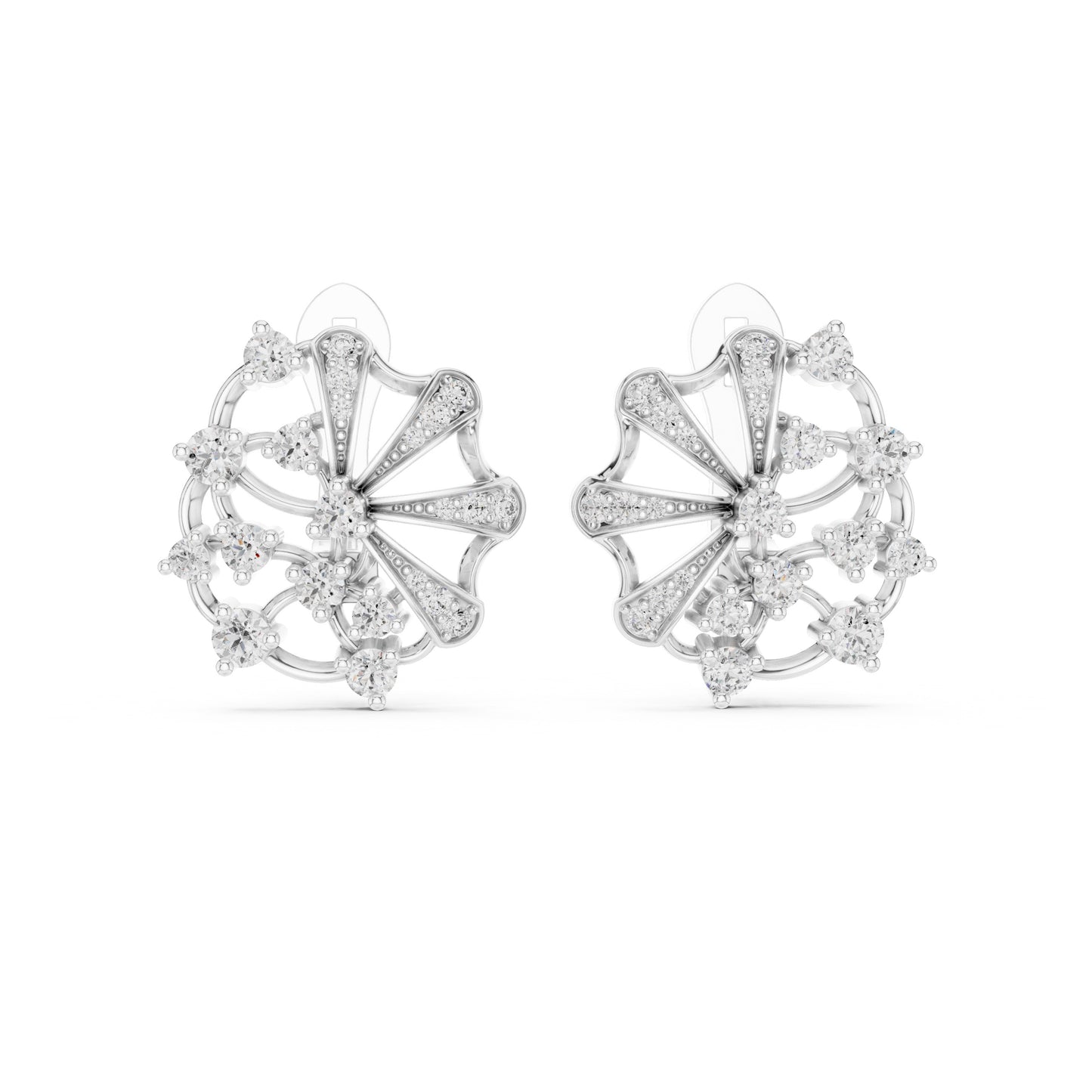 Pair of white gold real diamond earrings with intricate designs on a white background