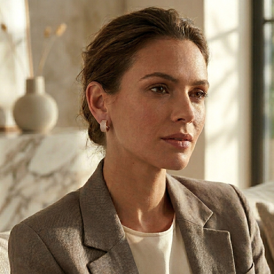 Woman wearing a beige blazer and diamond earrings in a softly lit room.