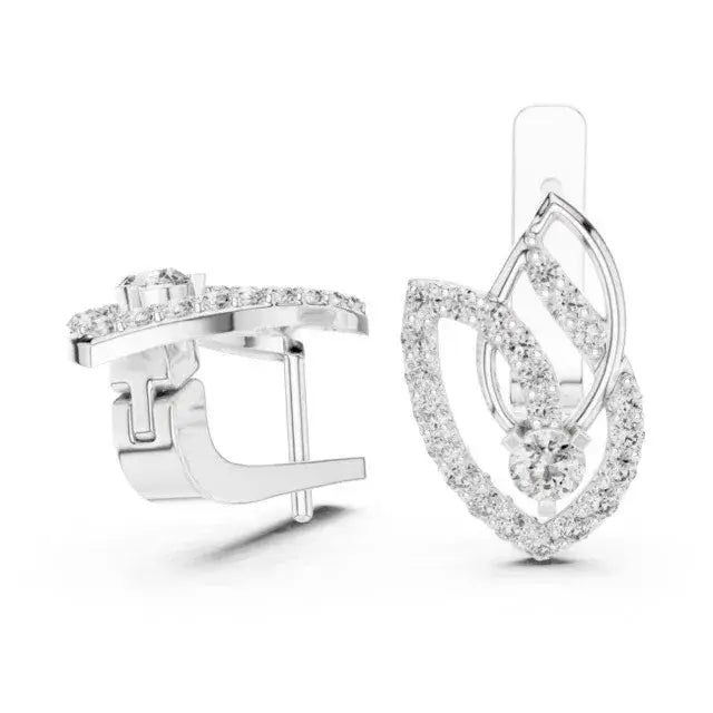 Pair of white gold drop earrings with clear real diamonds on a white background