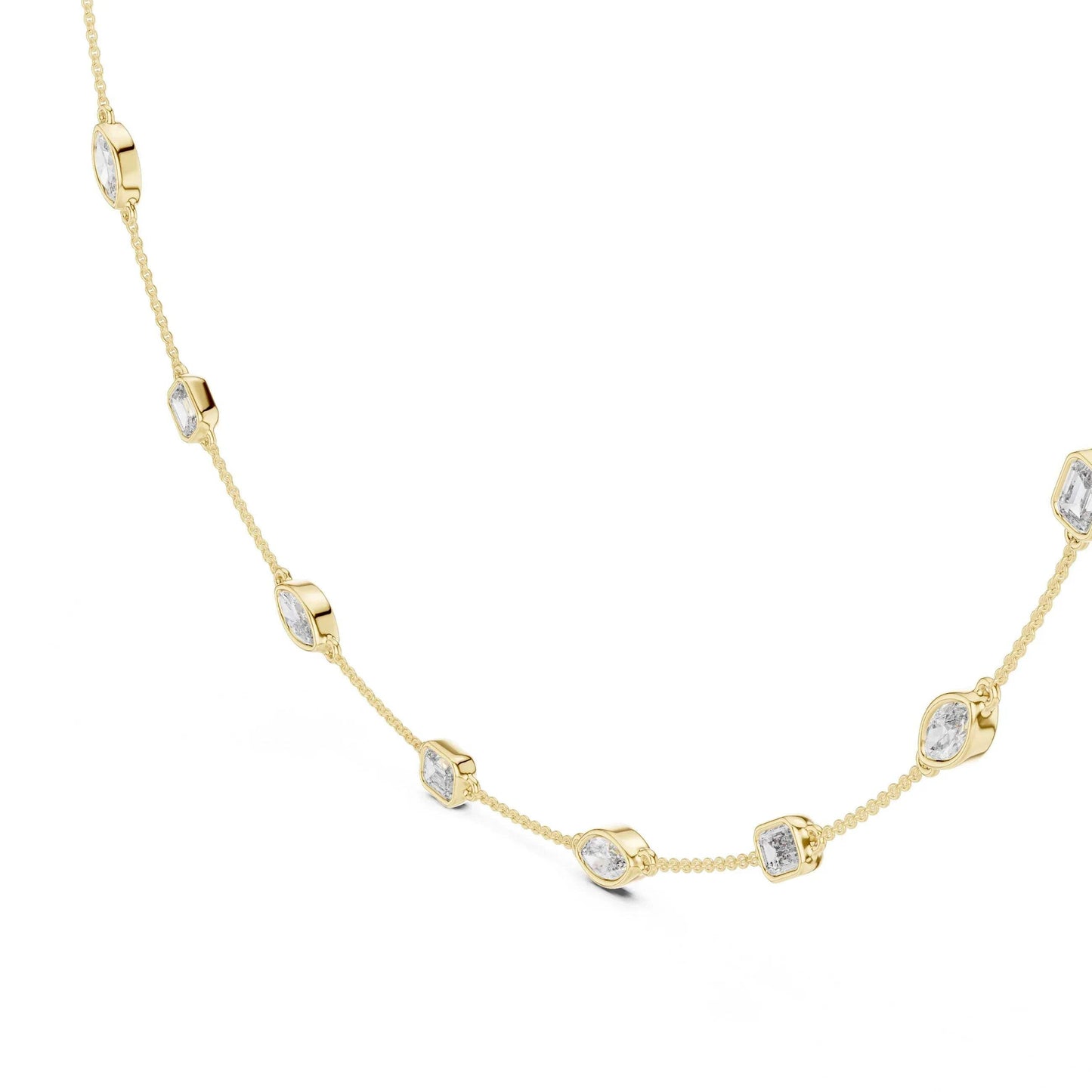 Gold necklace with diamond accents on a white background