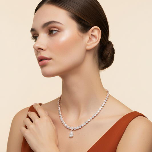 Woman wearing a real diamond necklace against a beige background