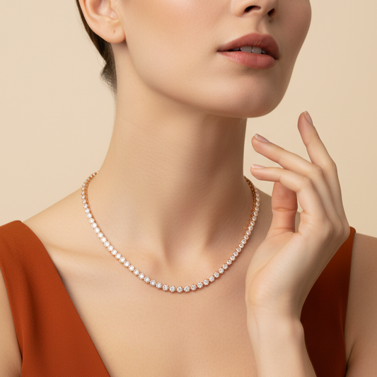 Woman wearing a real diamond necklace with a neutral background