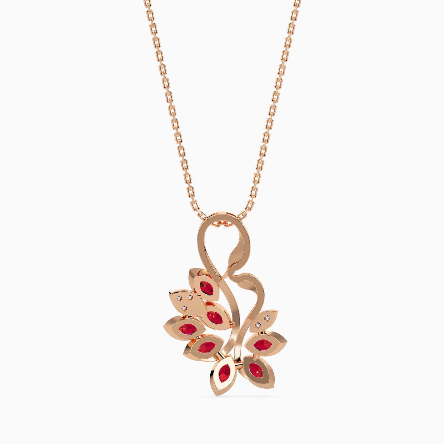 Rose gold necklace with a floral pendant featuring red stones on a white background