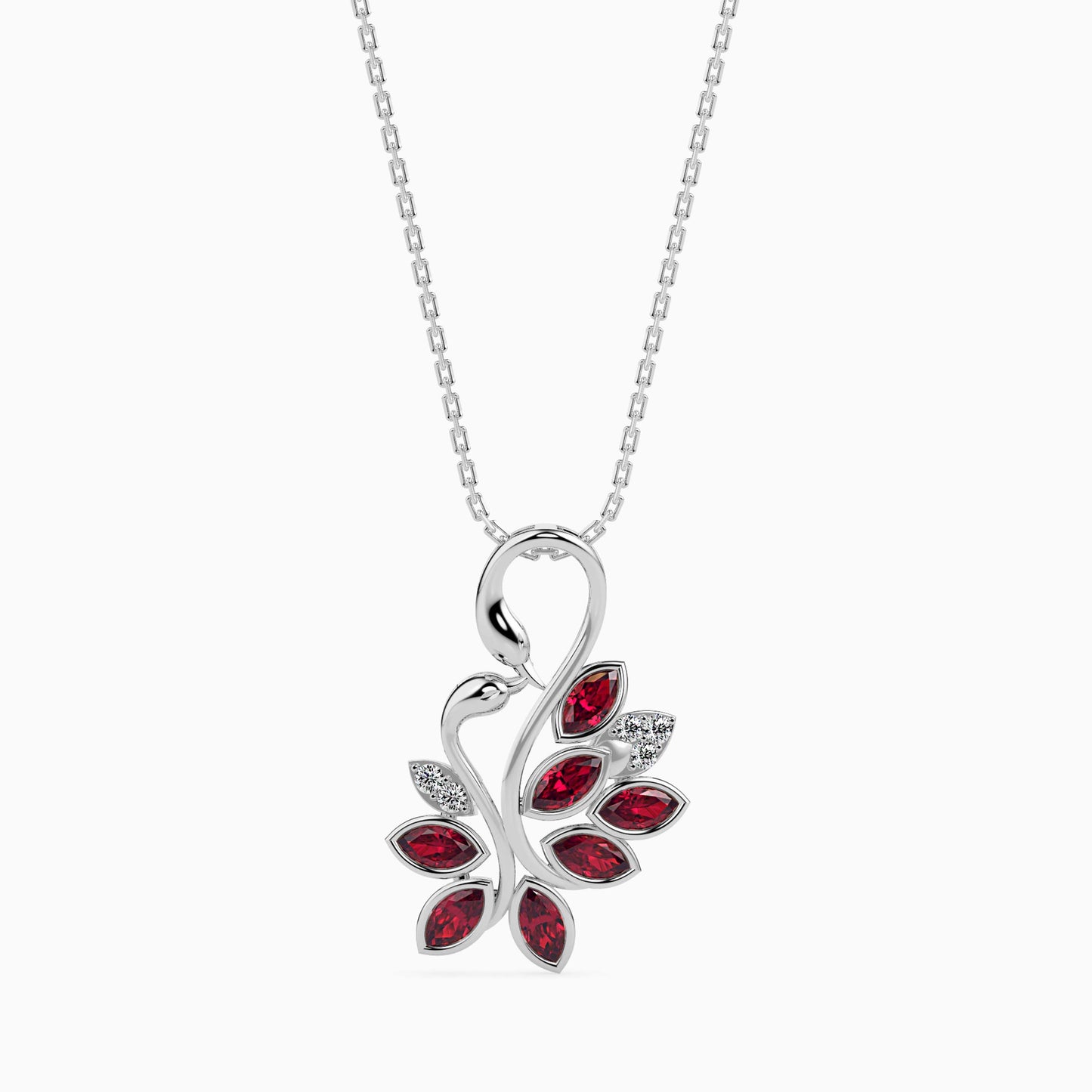 white gold diamond pendant necklace with a red gemstone pendant on a white background