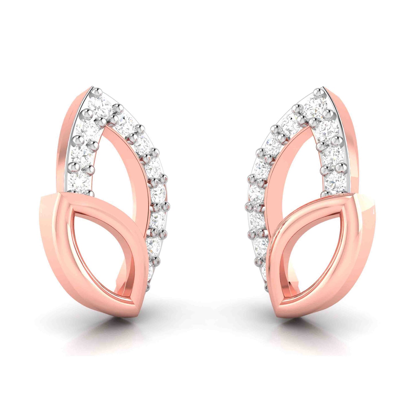 Rose gold earrings with diamond accents on a white background