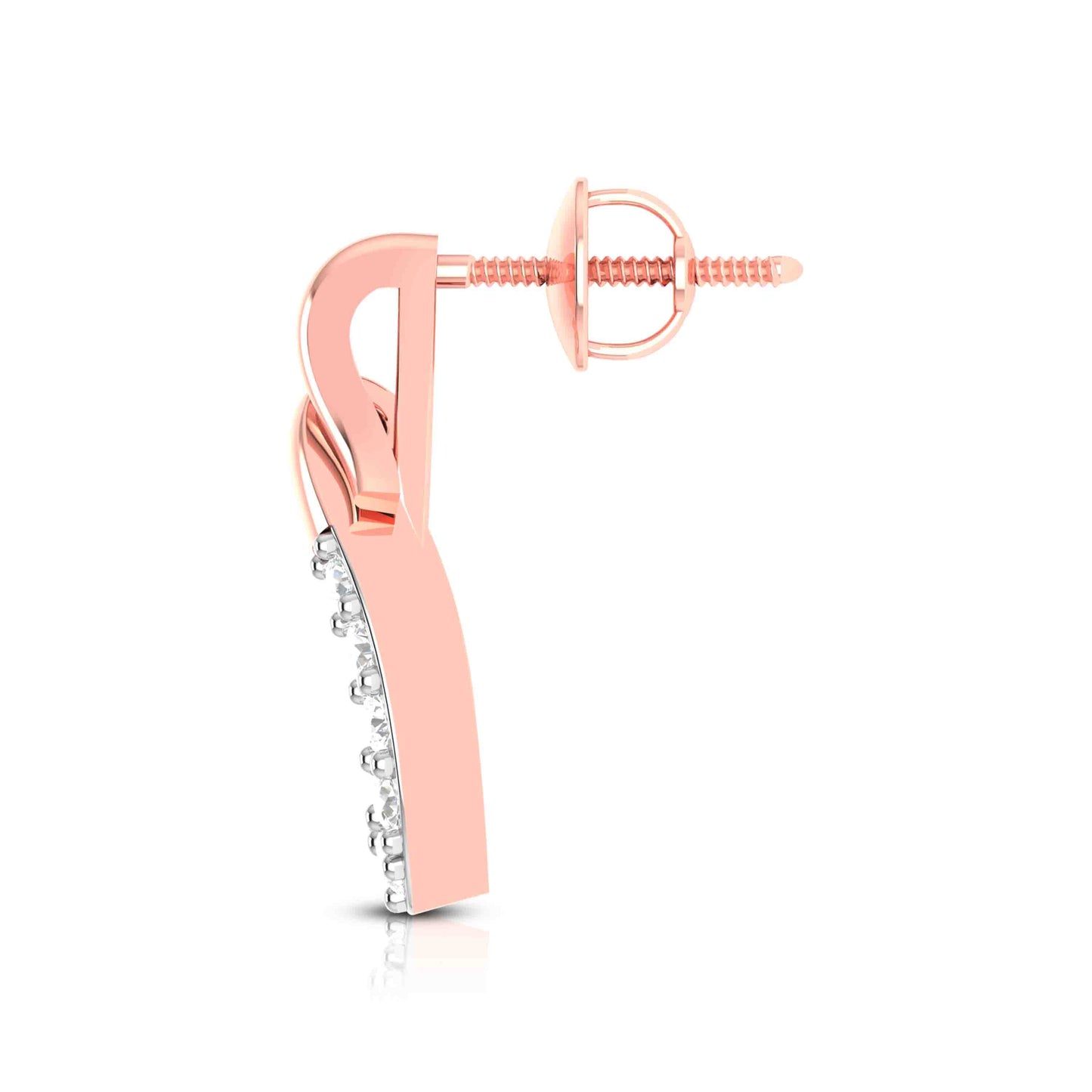 Rose gold earring with clear diamonds on a white background