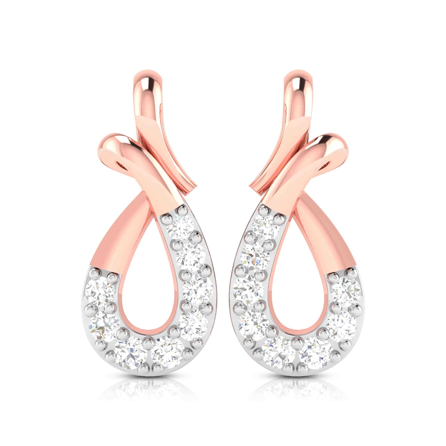 Rose gold diamond earrings on a white background