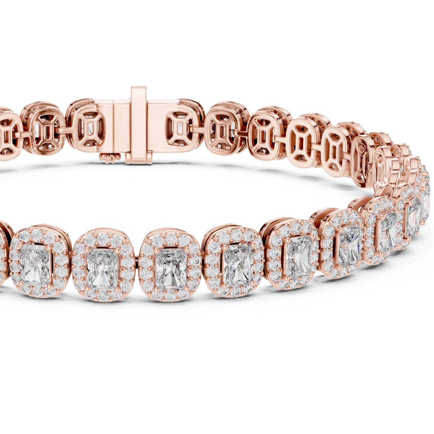 Rose gold bracelet with lab grown diamond accents on a white background