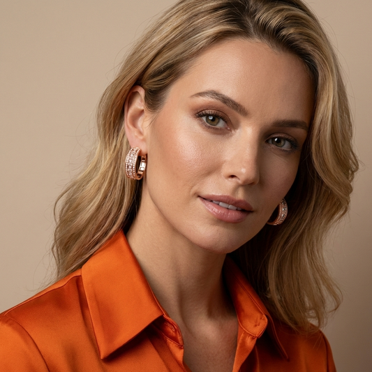 Woman wearing an orange shirt with lab grown diamond hoop earrings opposite a neutral background