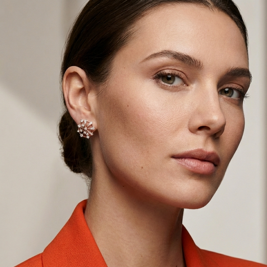 Woman wearing a floral earring made with lab grown diamonds and gold with a neutral background