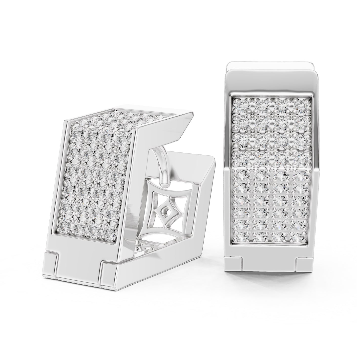 Pair of white gold earrings with lab grown diamonds on a white background