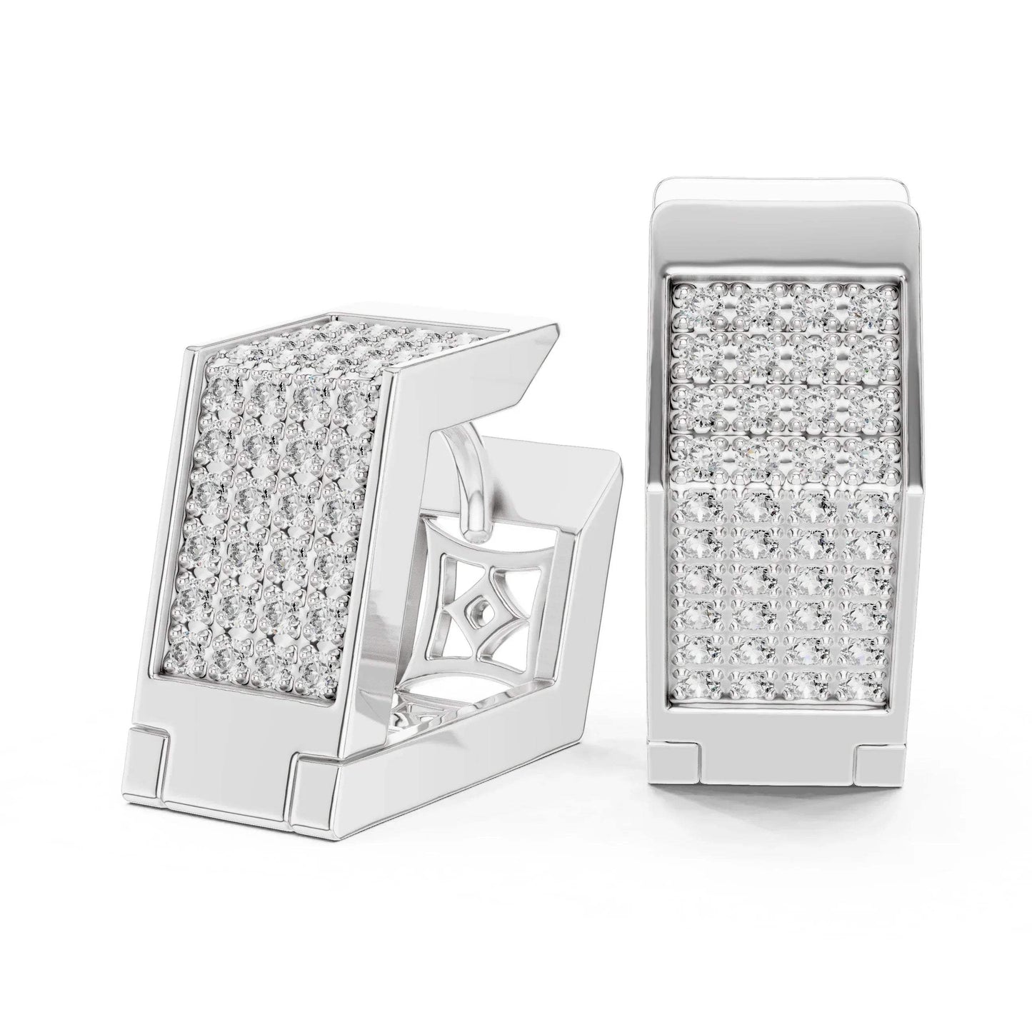 Pair of white gold earrings with lab grown diamonds on a white background