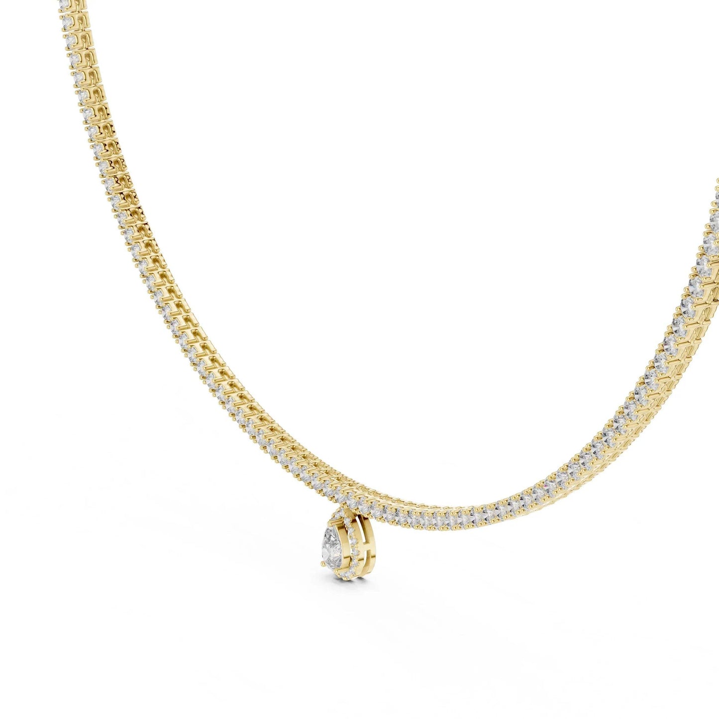 Yellow gold and lab grown diamond tennis necklace with a small pear shape lab grown diamond pendant on a white background
