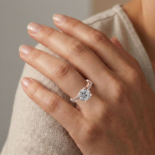 Rose gold lab grown diamond ring on a hand with a neutral background