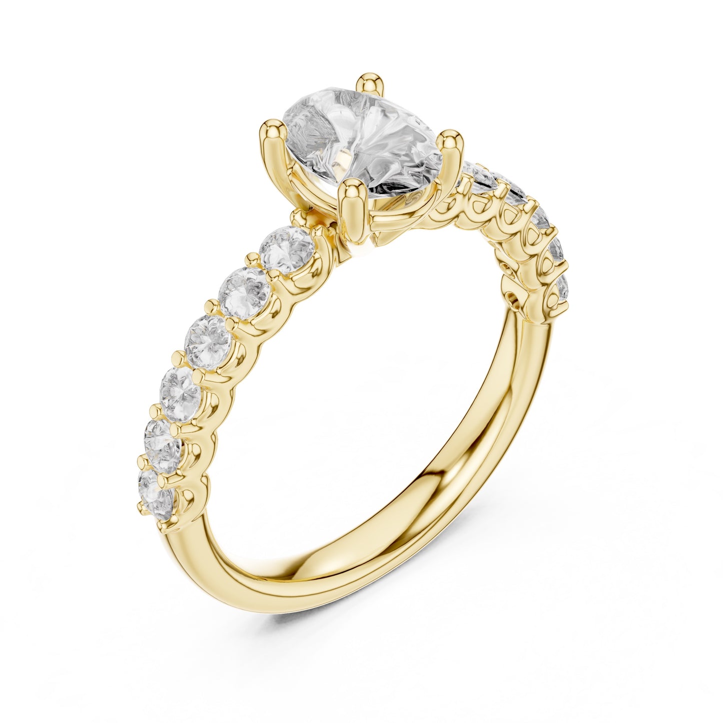 Yellow gold & lab grown diamond ring with a central oval diamond and smaller round diamonds on the band against a white background