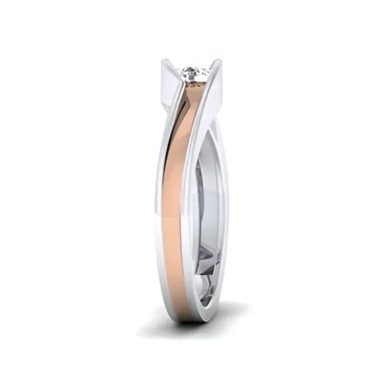 A solitaire men's diamond ring in gold, featuring a brilliant cut diamond set in a two-tone gold band with a gold accent on one side.