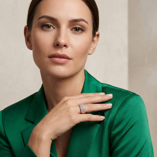 Woman wearing a green jacket and a real diamond ring with a beige background