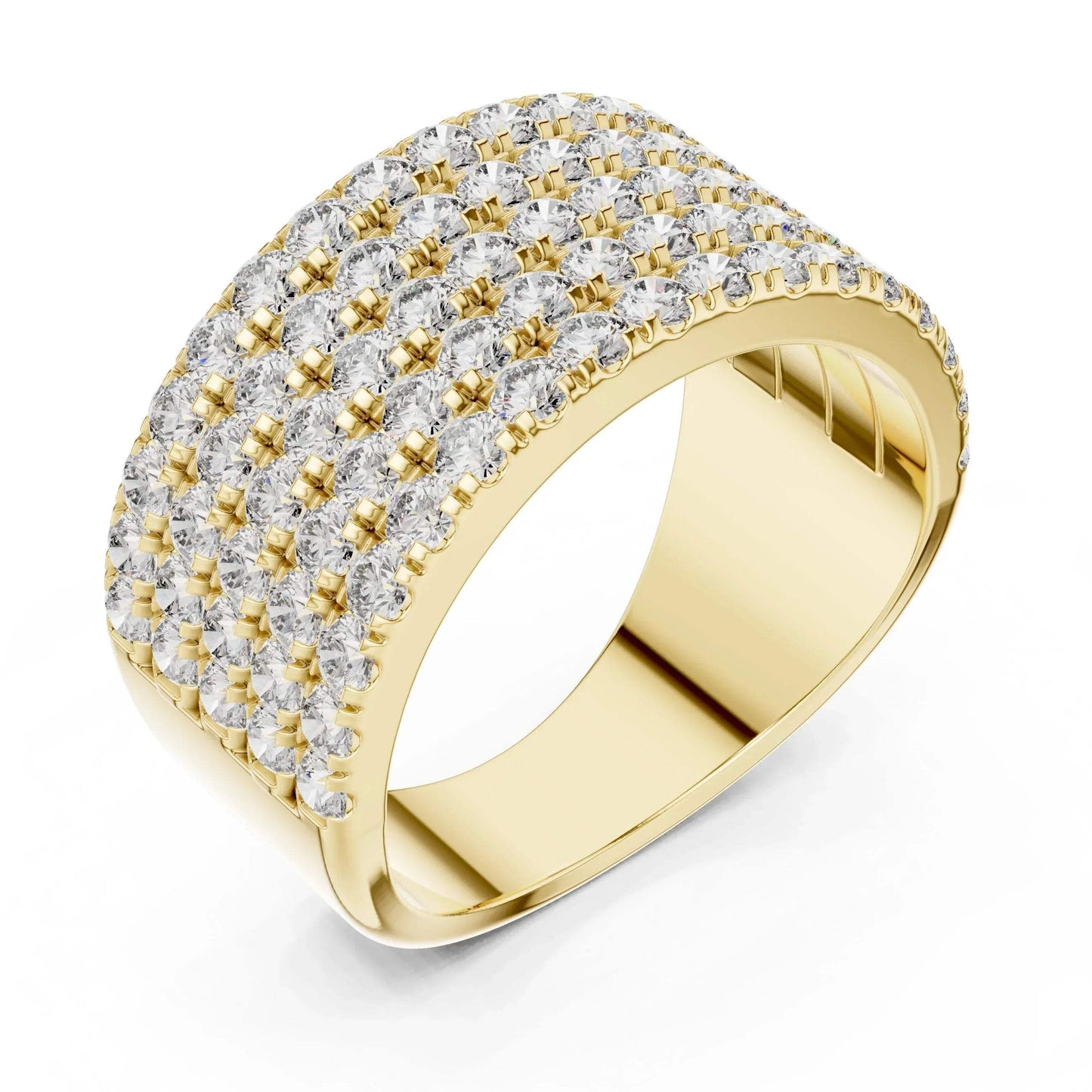 Yellow gold ring with real diamond accents on a white background.