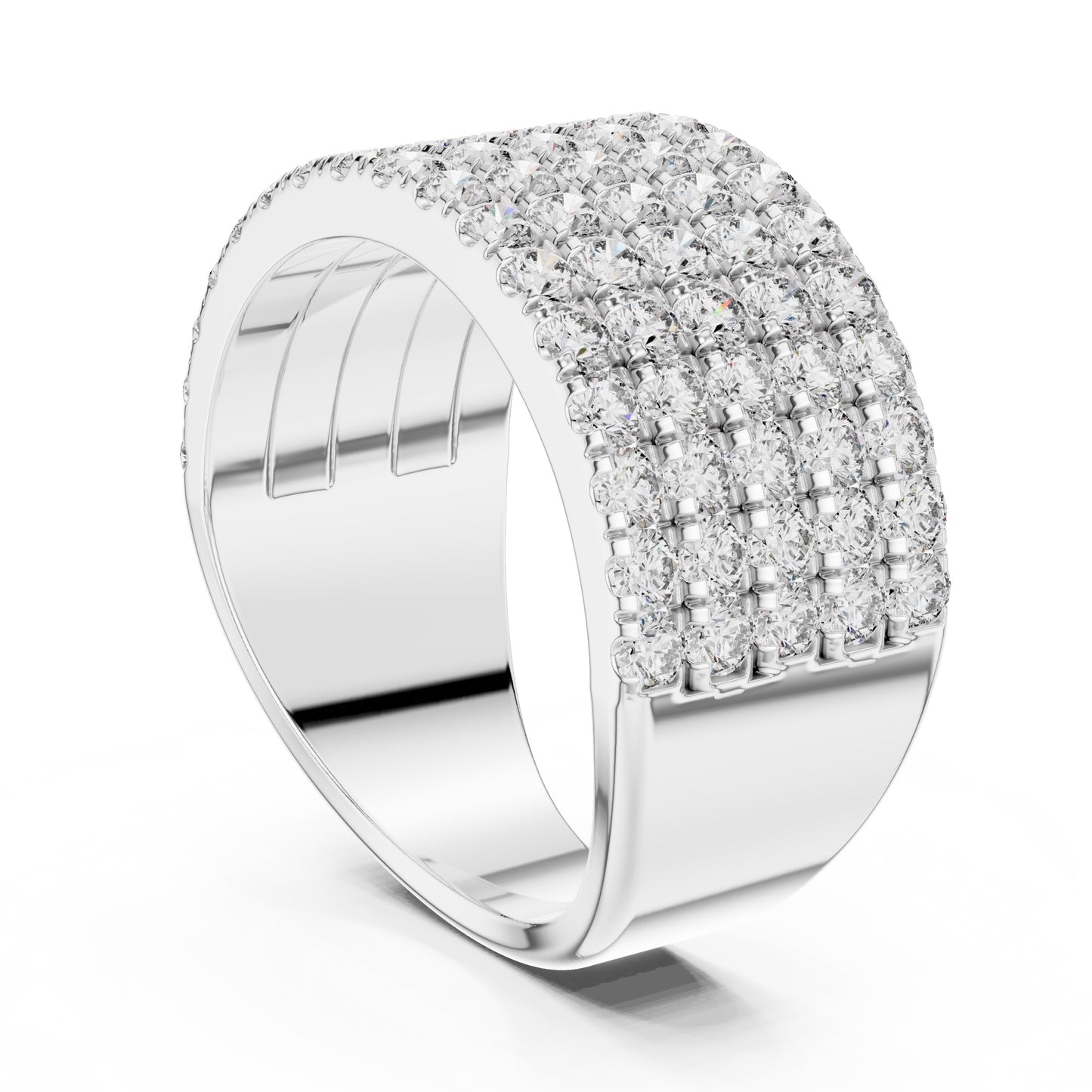 White gold ring with lab grown diamond accents on a white background