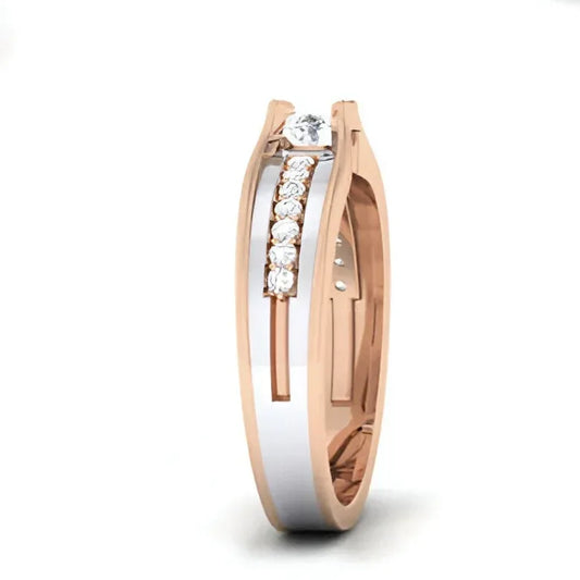 Rose gold and white gold ring with diamonds on a white background